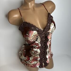 LA Kitty Satin Paisley Lace Corset Cami Top Brown Pink M Boho Y2K Coquette